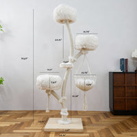 White multi-level cat tree with hanging basket and labeled height, platform, and base dimensions
