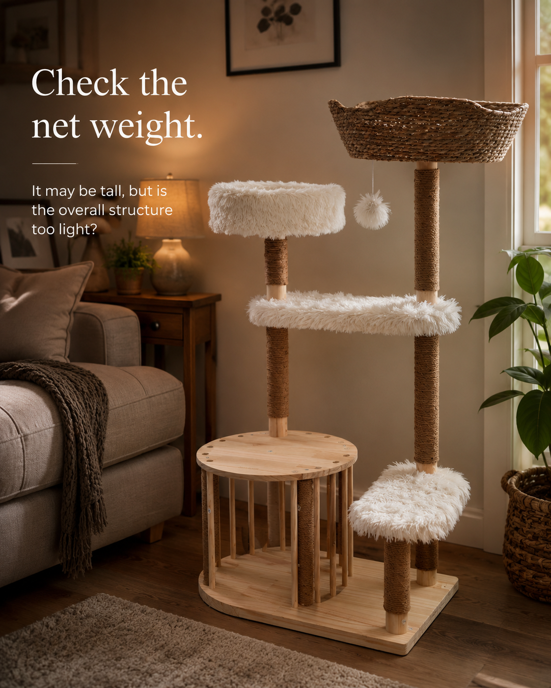 Solid wood cat tree detail in a warm indoor room with sturdy platforms for modern cat furniture. product detail image 1