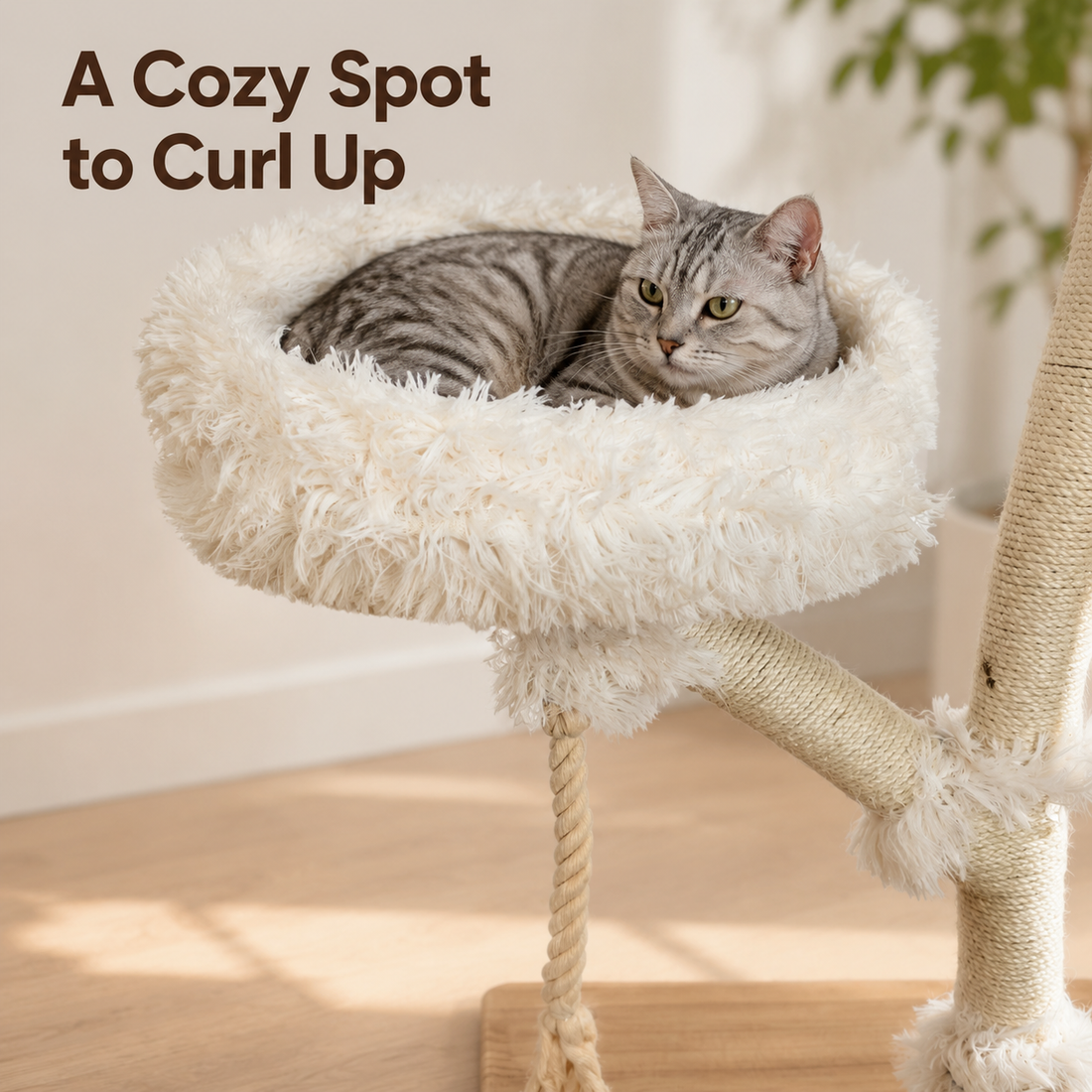 Cat_curled_up_on_a_soft_cushioned_perch_of_a_solid_wood_cat_tree