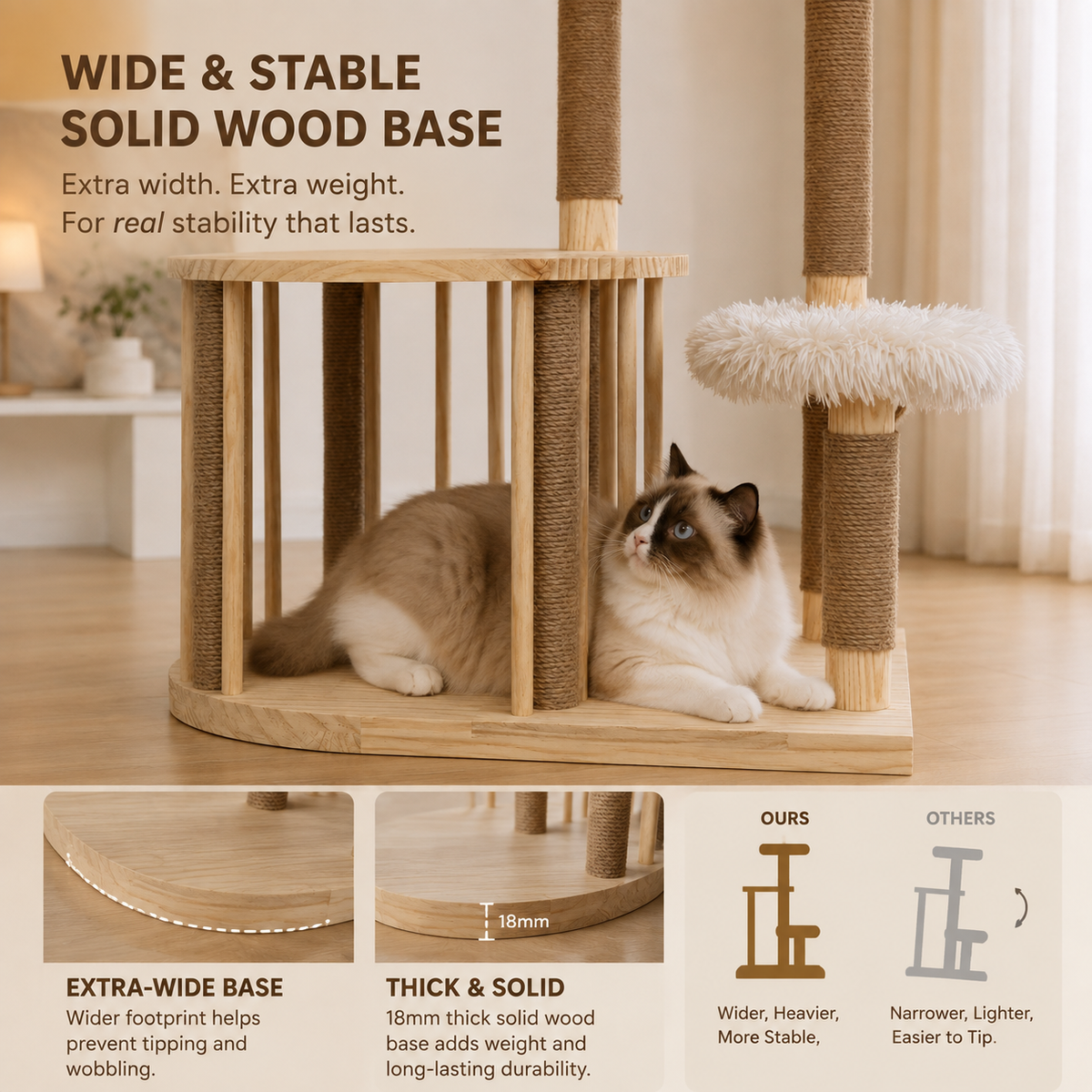 Cat relaxing on a cushioned platform of a multi-level solid wood cat tree in a cozy indoor home. product detail image 5
