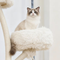 Cat sitting on a cushioned top platform of a white cat tree