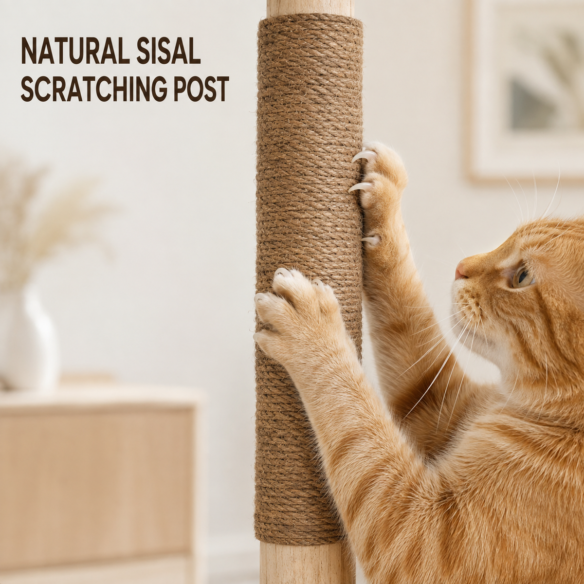 Cat using a natural sisal scratching post on a solid wood cat tree for healthy indoor scratching. product detail image 6