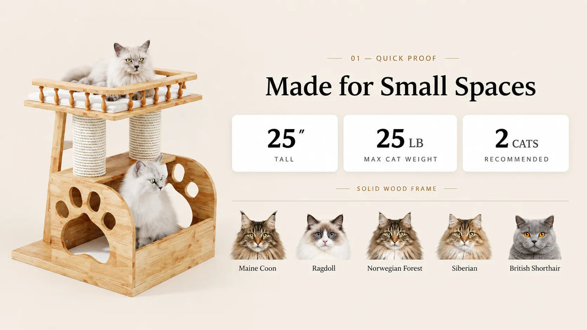 Mewzoom Cat Castle 2-Tier Cat Tree Condo, Solid Wood for Small Spaces product detail image 1