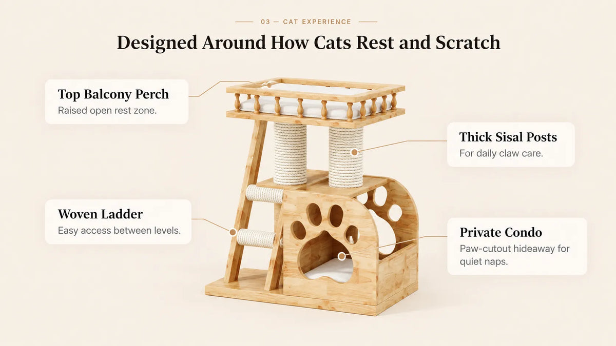 Mewzoom Cat Castle 2-Tier Cat Tree Condo, Solid Wood for Small Spaces product detail image 3