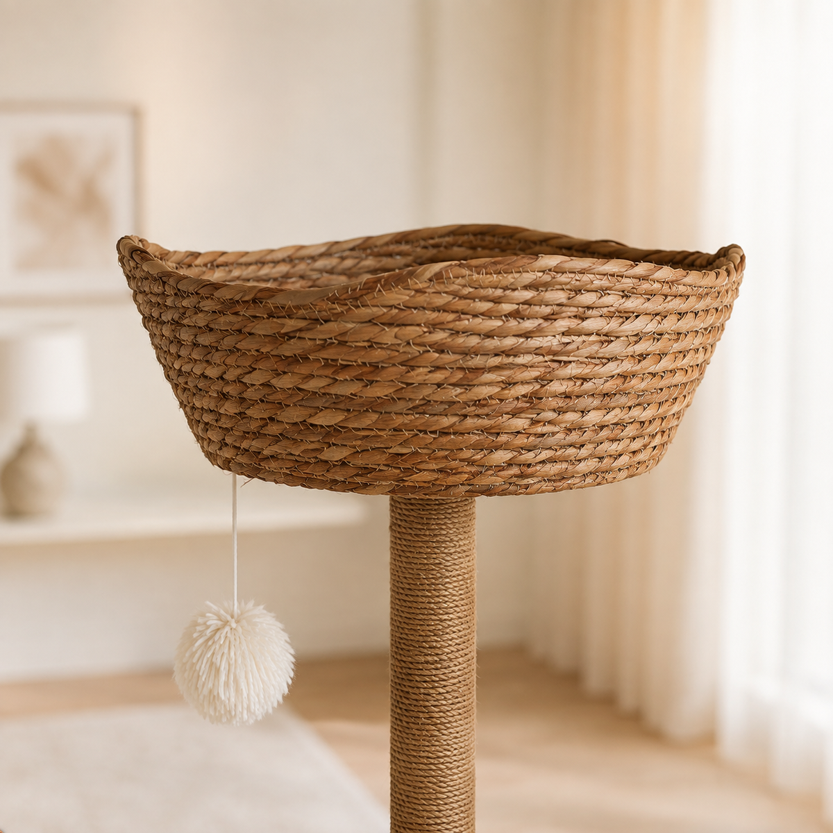 Close-up of a woven basket cat bed with natural texture for stylish indoor cat furniture. product detail image 3