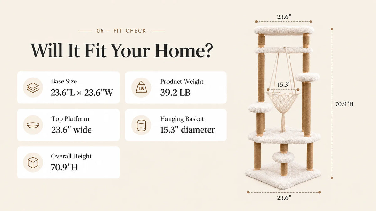 Mewzoom 70.9 inch cat tree dimensions showing 23.6 inch base, top platform, hanging basket and overall product size product detail image 5
