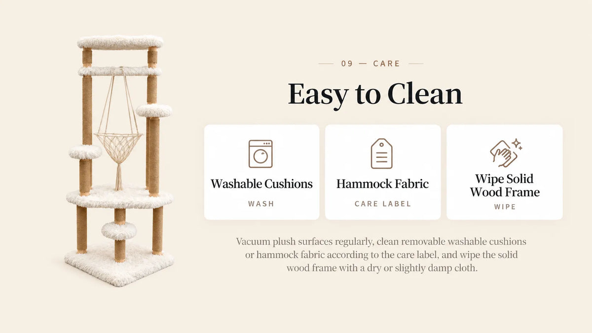 Mewzoom easy-clean solid wood cat tree with washable cushions, removable hammock fabric and wipe-clean wood frame product detail image 8
