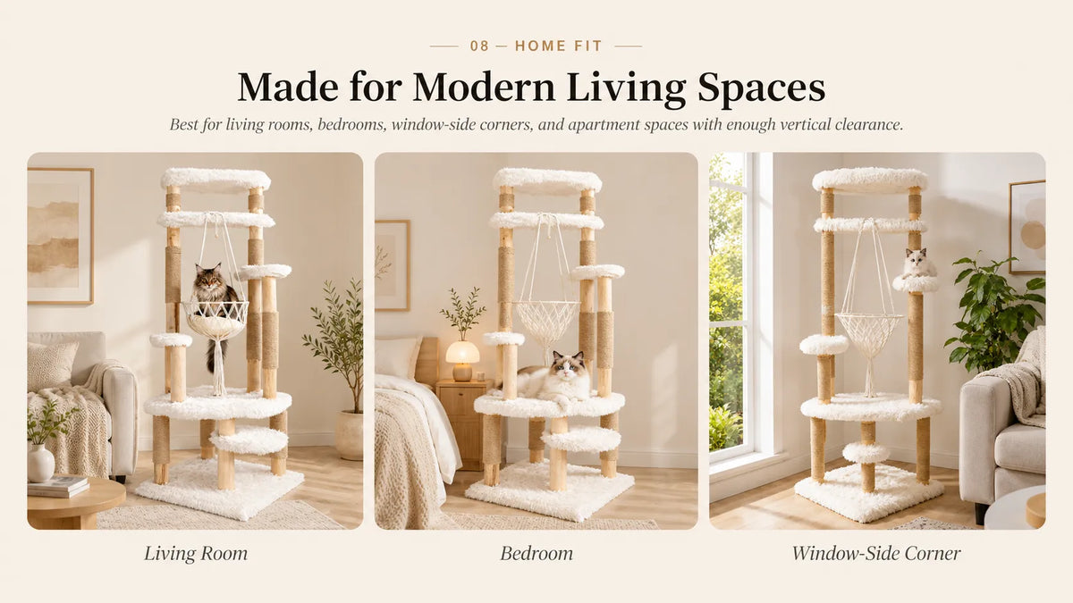 Mewzoom modern wood cat tree styled in living room, bedroom and window-side spaces for indoor cats product detail image 7