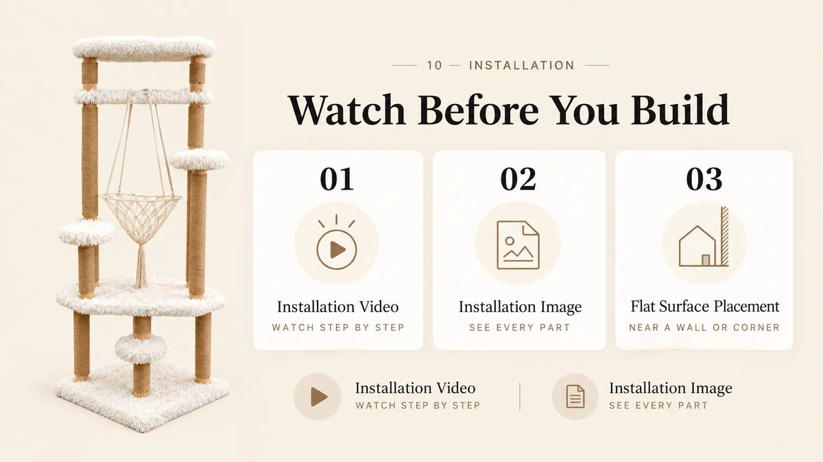 Mewzoom solid wood cat tree installation guide with assembly video, step-by-step instructions and flat floor placement product detail image 9