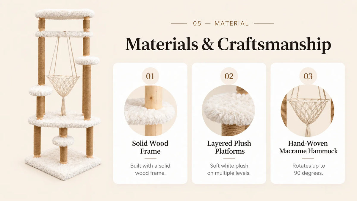 Mewzoom solid wood cat tree materials with plush platforms, natural wood frame and hand-woven macrame cat hammock product detail image 4