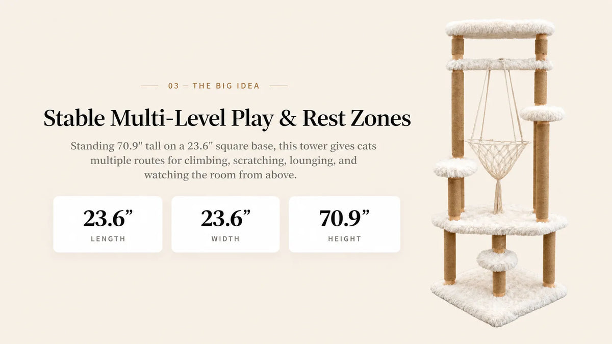 Mewzoom tall solid wood cat tree with 23.6 inch square base, multi-level platforms and hanging hammock for indoor cats product detail image 2