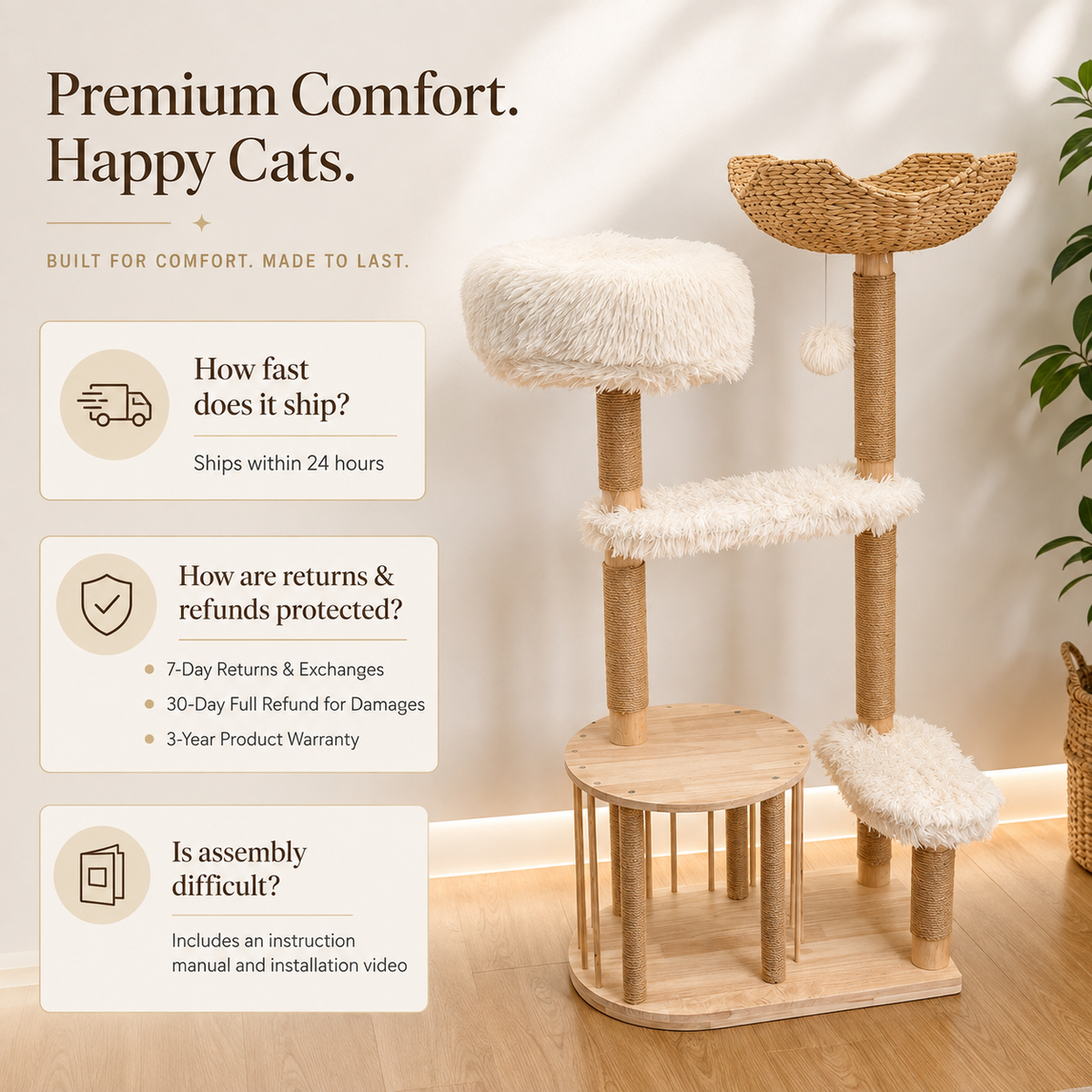 Solid wood cat tree service guide with easy assembly, returns, shipping, and warranty details. product detail image 7