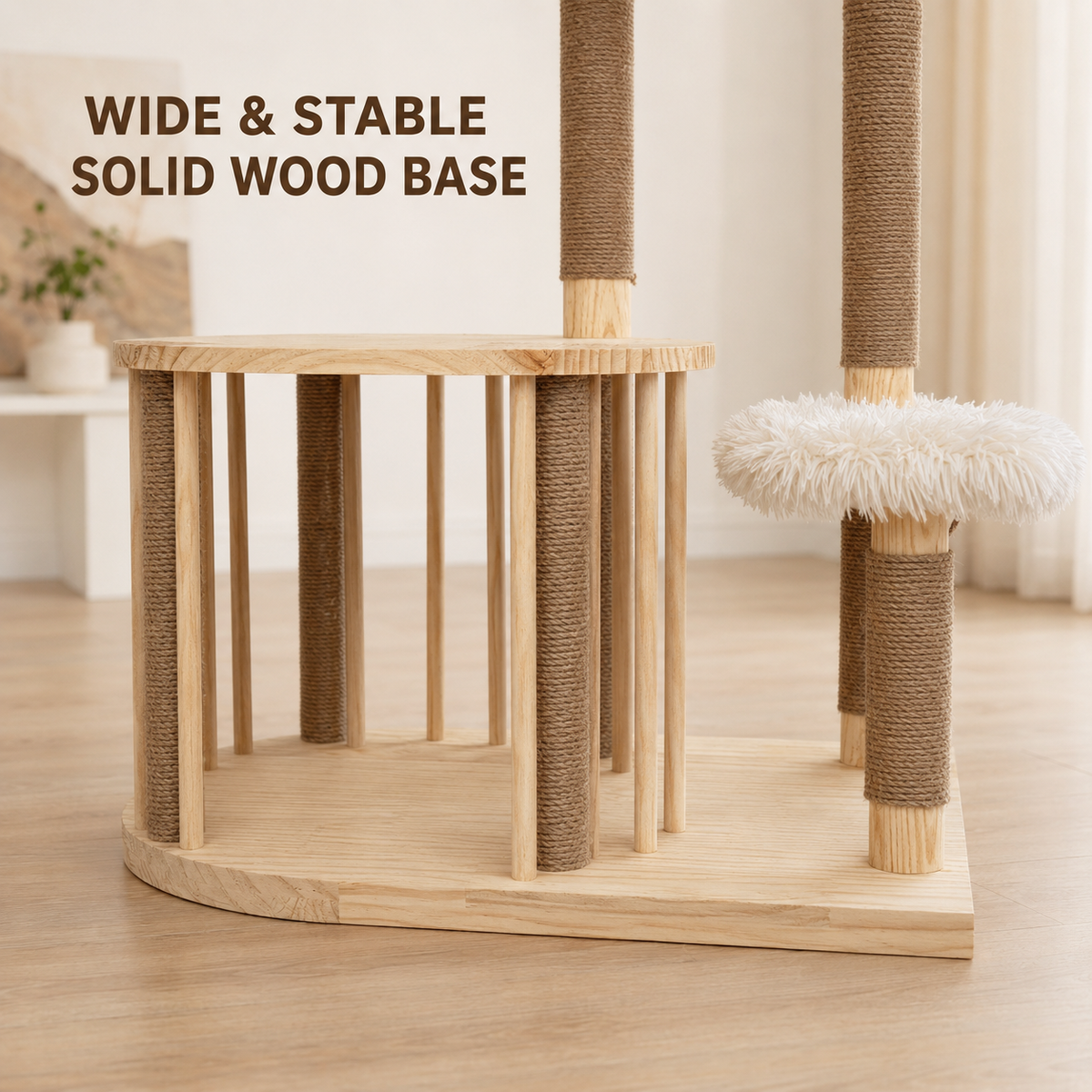 Solid wood cat tree with a wide base and enclosed resting areas for stable indoor cat furniture. product detail image 8