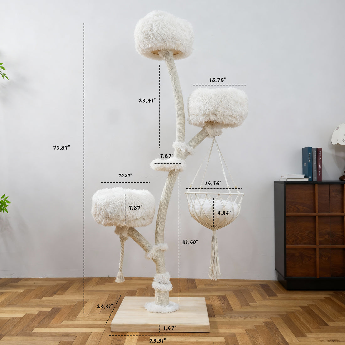 White multi-level cat tree with hanging basket and labeled height, platform, and base dimensions