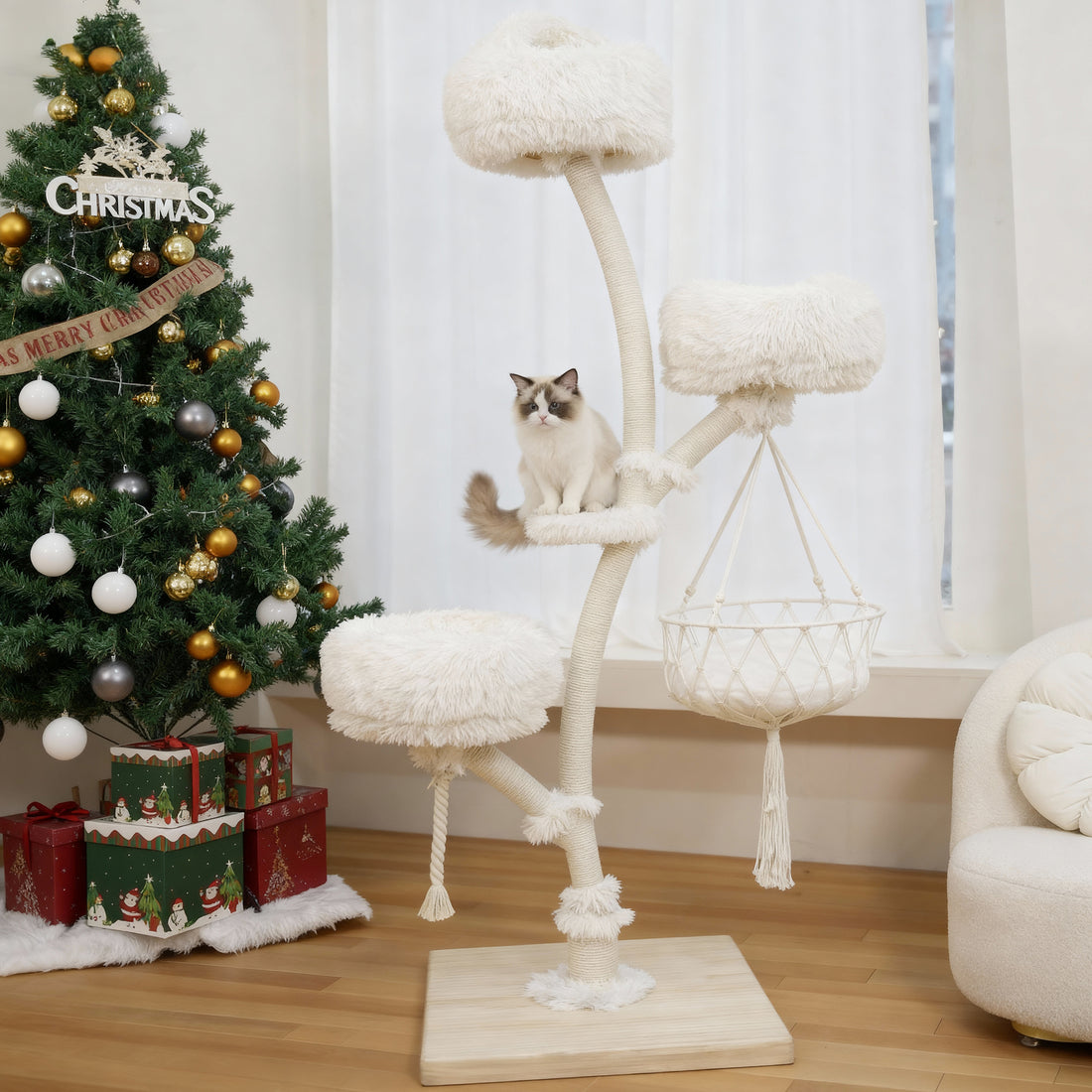 White solid wood cat tree with multiple cushioned platforms in a bright living room during the holiday season