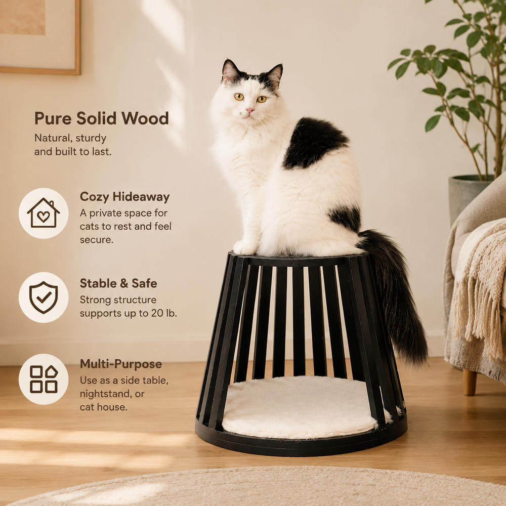 Omee 3-in-1 Solid Wood Cat Side Table & Bed | Mewzoom