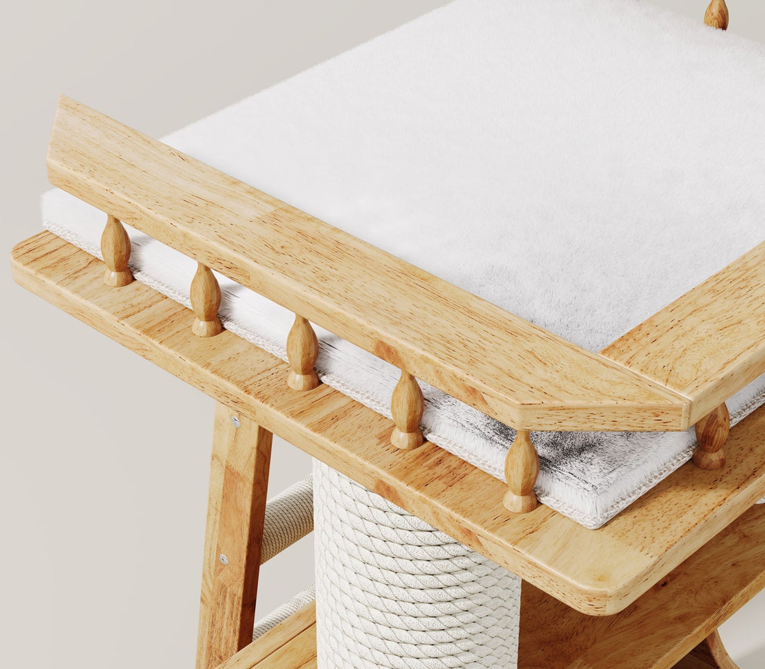 cat tree with elevated wooden platform and comfortable resting area for indoor cats