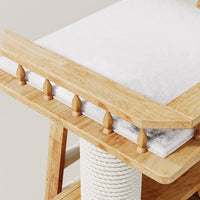 cat tree with elevated wooden platform and comfortable resting area for indoor cats