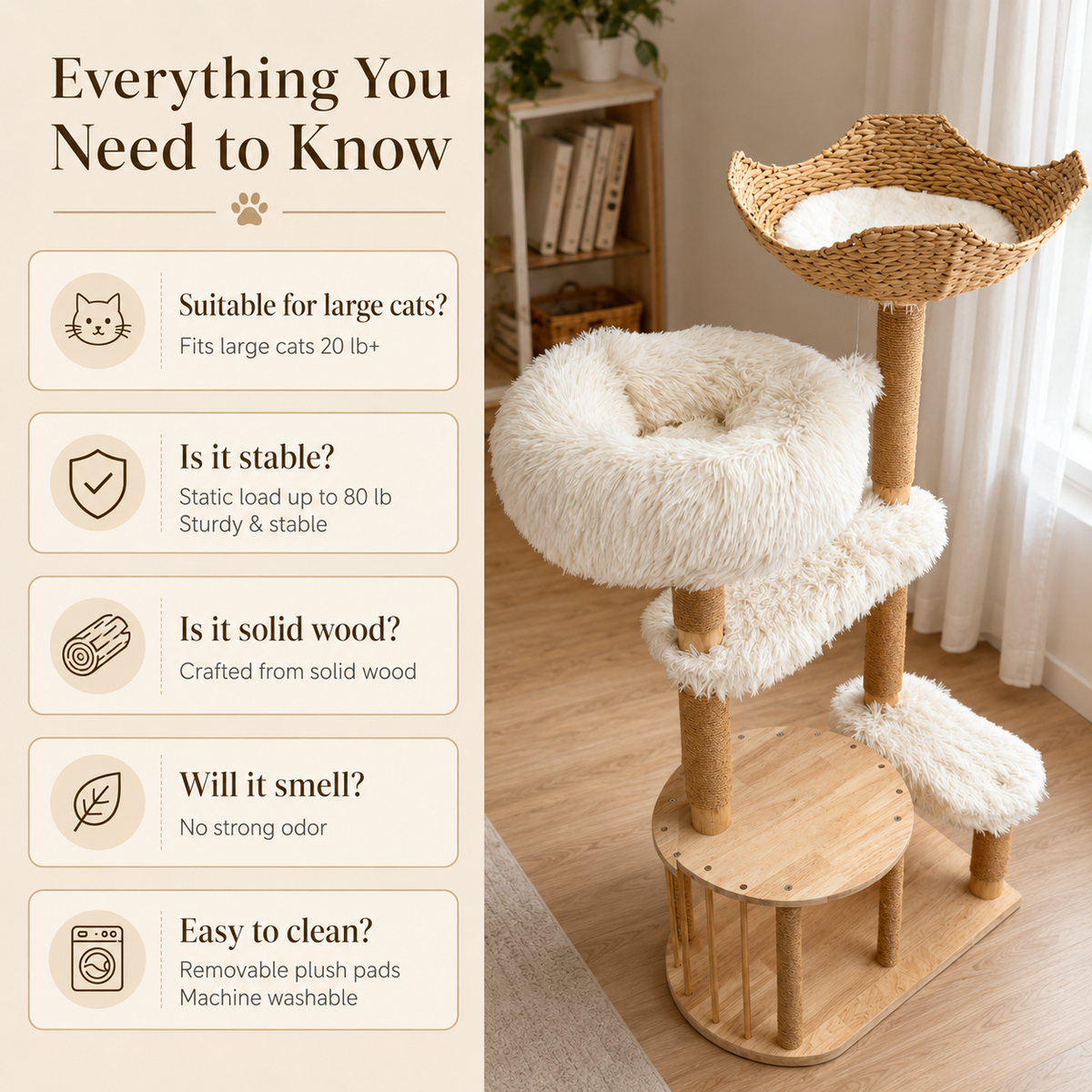 Product description graphic for a solid wood cat tree with platforms, sisal posts, and washable cushions. product detail image 2