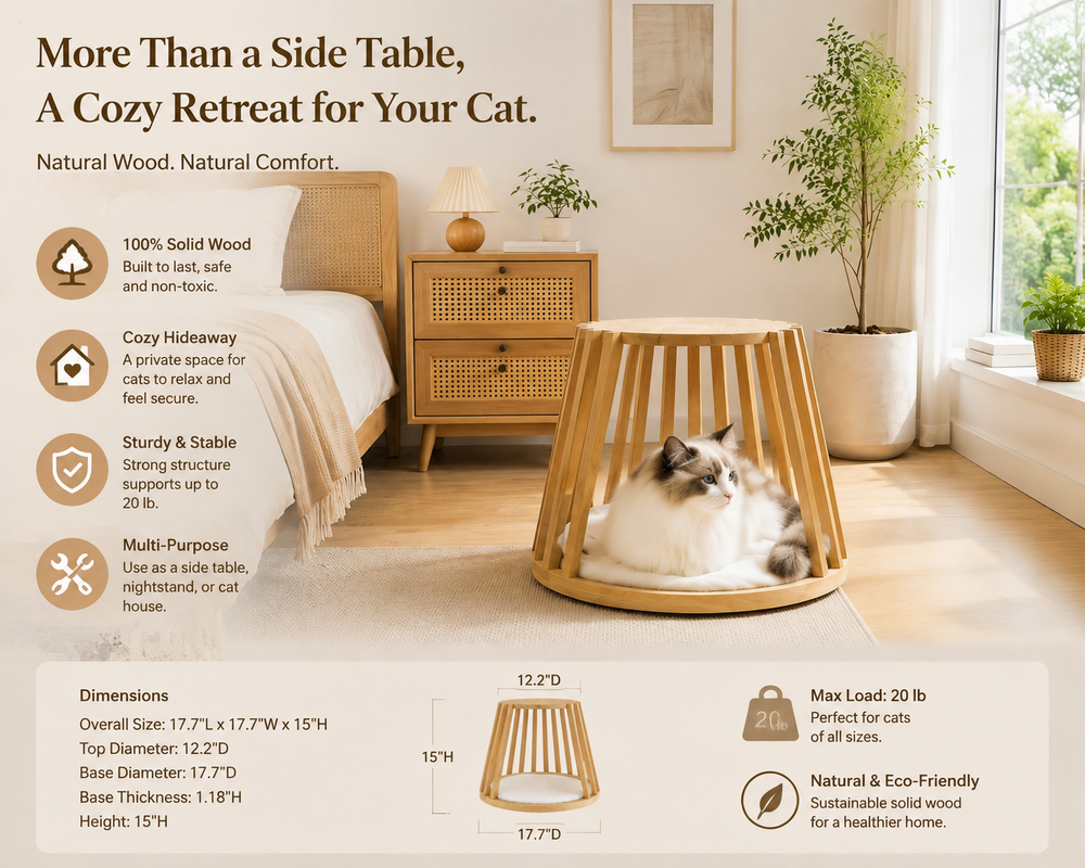 Omee 3-in-1 Solid Wood Cat Side Table & Bed | Mewzoom