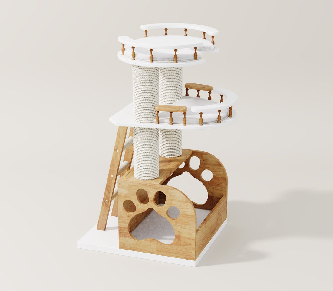 modern multi-level cat tree with cozy cat house and scratching posts for indoor cats
