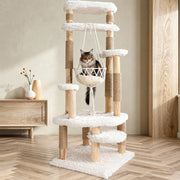 modern solid wood cat tree with multiple levels and plush perches for indoor cats