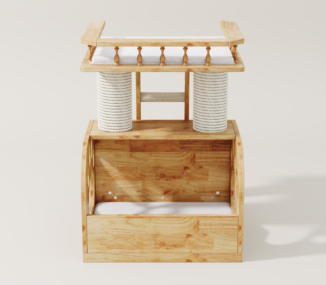 solid wood cat house with a private condo space for cats to rest and relax