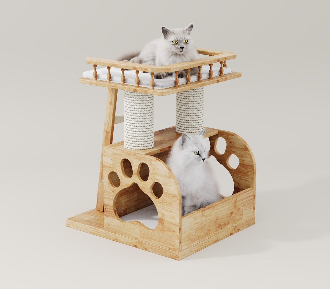 wooden cat condo with multiple levels and cozy resting spaces for indoor cats