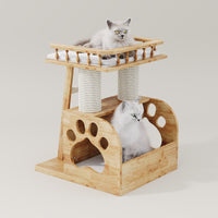 wooden cat condo with multiple levels and cozy resting spaces for indoor cats